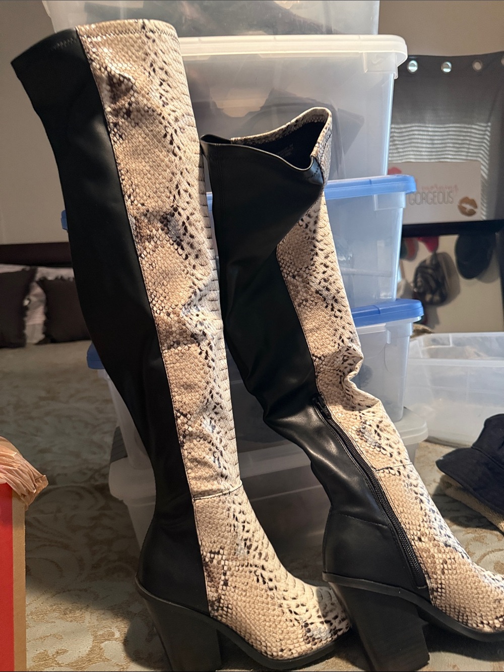 Steve Madden Black and Beige Snake-Print Over-the-Knee Boots